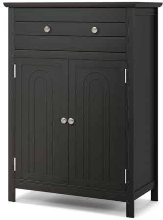 COSTWAY Bathroom Floor Cabinet, Freestanding Storage Cupboard with Drawer, Double Door and Adjustable Shelf, Wooden Bathroom Unit Side Cabinet for Living Room Hallway, 60x30x80cm (Black)
