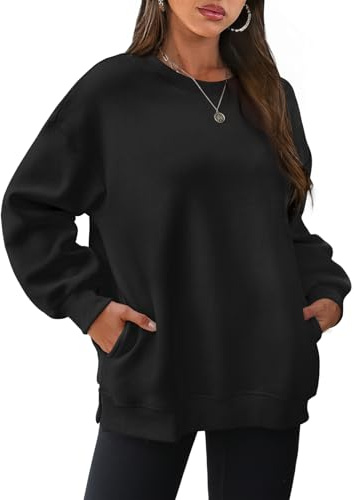 WIHOLL Oversized Sweatshirts Women Long Sleeve Tops Ladies Cotton Shirt with Pocket Crewneck Clothes Black L