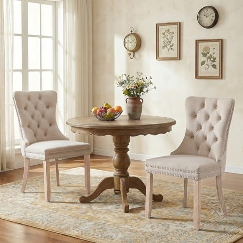 Esszimmerstühle mit gepolstertem Flügelrücken, cremebeige, 2er Set | Weicher Samtbezug, Tufting, Nietenbesatz, Rückenring, Holzbeine. Ideal für Esszimmer, Wohnzimmer, Innendekoration.
