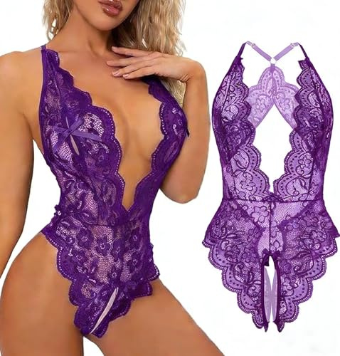Sexy Lace Bodysuit for Women One Piece Naughty Lingerie Deep V-Neck Hollow Out Teddy Babydoll Transparent Backless Negligee Cutout Wasit Mesh Slim Bodycon Stretch Jumpsuit Leotard Sleepwear