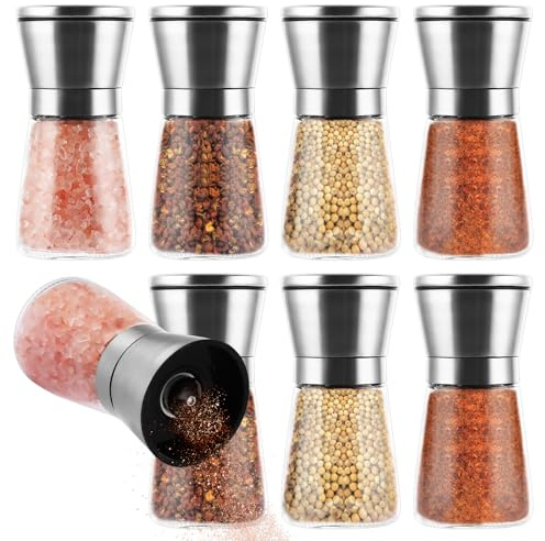 LDXDRU 8er 180ML Manuelle Edelstahl Salz und Pfeffermühle mit Verstellbarem Keramikmahlwerk, Gewürzmühle Leer Pfeffer und Salzmühle, Klein Glas Pfeffermühle Chilimühle aus Edelstahl, Ohne Gewürzinhalt