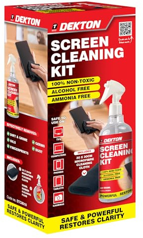 Dekton Screen Cleaning Kit, Alcohol & Ammonia Free, Includes 30x30cm Microfibre Cloth, Safe for TVs, Phones, Tablets, Laptops, Cameras & All Screens