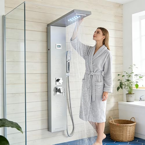 HARNART Système de Panneau de Douche avec 5 Modes,Tour de Panneau de LED,4 Jets de Massage Corporel Bec de Baignoire Pomme de douche à Main avec Tuyau 1.5 m,Brossée
