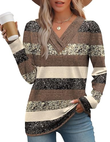 WIHOLL Ladies Jumpers Long Sleeve Tops Women Lightweight V Neck Ladies Tunic Tops
