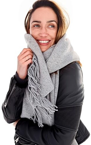 EMAAL 100% Kaschmir Schal Lissabon, Hellgrau, Gestrickt mit Fransen, 190x70cm, Damen/Herren, Design aus der Schweiz, als Geschenk, Stola, elegantes Accessoire, kuschelig, nachhaltig, langlebig
