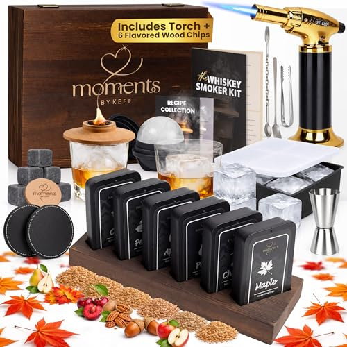 Moments by KEFF Premium Whiskey Smoker Kit – Wooden Gift Box with Torch, Smoker Lid, Square Glasses, Leather Coasters, 6 Wood Chips with Tray, Whiskey Stones, Ice Molds, Mixing Tools & Instructions