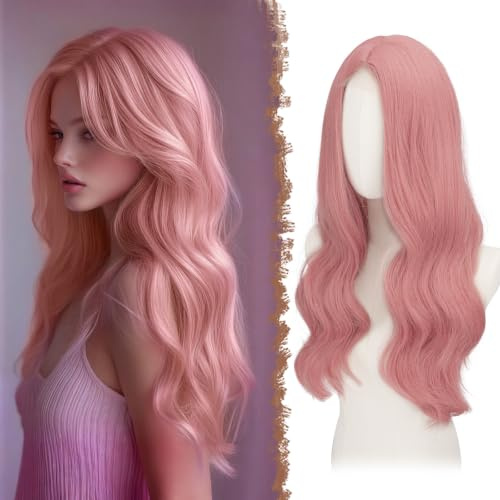 FESHFEN Parrucca Lunga Ondulata - Lace Front Parrucca per Donna Lunghe Ondulate Rosa Wigs Naturali Sintetici Capelli Parrucche Uso Quotidiano Festa, 60 cm