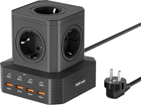 100W Multiprise USB Cube, 13 en 1 Rallonge Electrique 2M Câble avec 8 Ports USB Charge Rapide 100W PD3.0, 5 Prises AC (4000W/16A) Bloc Multiprise avec Interrupteur Rallonge Multiprise pour Bureau,Noir