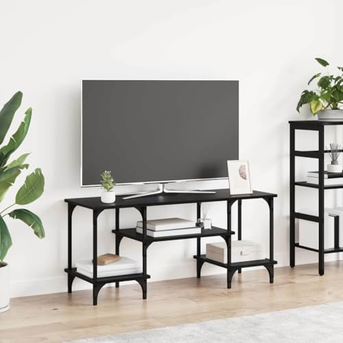 Mhdvray TV Lowboard Schwarz Eiche Optik 102 x 35 x 45,5 cm, Fernsehschrank mit 4 offenen Regalen & Pfeilbeinen aus Eisen, Modernes Design für Wohnzimmer Büro