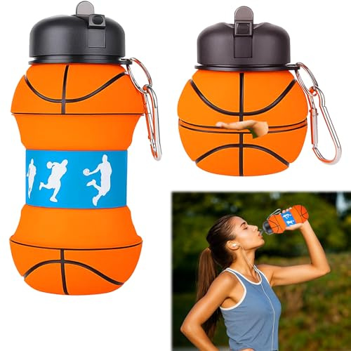 Ebksqs Borraccia pieghevole da 550 ml, in silicone per pallacanestro, senza BPA, a prova di perdite, per scuola, fitness, attività all'aperto e campeggio