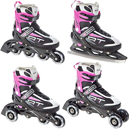 RAVEN Profession 4in1 Inlineskates Triskates Rollschuhe Schlittschuhe Inliner für Kinder und Erwachsene verstellbar (Black/Pink, 35-39 (23cm-25,5cm))