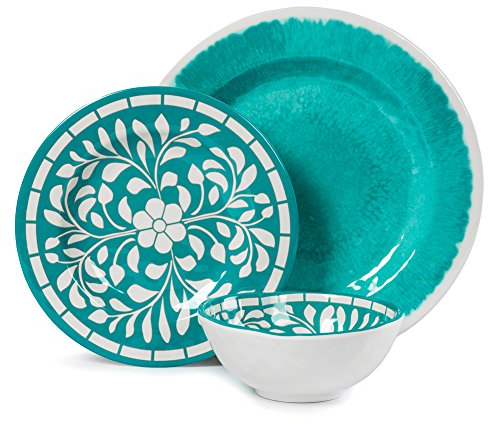 Yinshine Set di stoviglie in melamina, 12 pezzi, piatti e ciotole, per uso interno ed esterno, leggero, color foglia di tè, verde