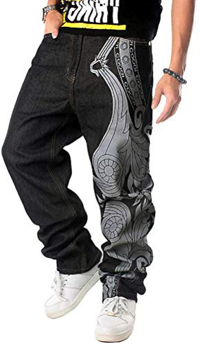 ORANDESIGNE Herren Hip Hop Baggy Jeans Vintage Graffiti Drucken Stickerei Denim Jeanshose Hip Hop Straßentanz Hosen Loose Fit Teenager Jungen Skateboard Hose Cargohosen C Schwarz XS