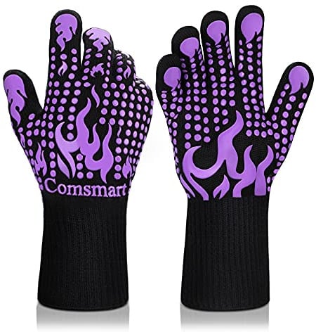 Comsmart BBQ Gloves, 1472 Degree F Heat Resistant Grillhandschuhe Silicone Rutschfeste Ofenhandschuhe Long Kitchen Handschuhe for Barbecue, Cooking, Backen (Lila)