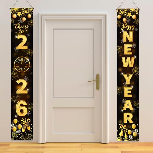 DPKOW 2027 Silvester Deko Schwarz Gold, Prost auf 2027 Banner, Frohes neues Jahr Tür Banner für Neujahr Willkommen Veranda Schild Innen Außen Dekoration Silvester