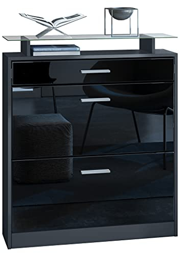 Vladon Schuhschrank Loret, Schuhkipper für 16 Paar Schuhe mit 2 Klappen, 1 Schublade und Glasablage, Anthrazit matt/Schwarz Hochglanz, (89 x 104 x 23 cm).