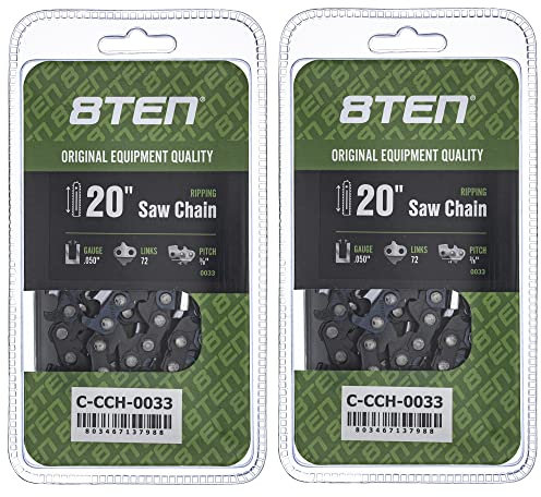 8TEN Ripping Chainsaw Chain 20 Inch .050 3/8 72DL for Husqvarna 455 Rancher 372XP Stihl MS 270 Poulan PP5020AV (2 Pack)