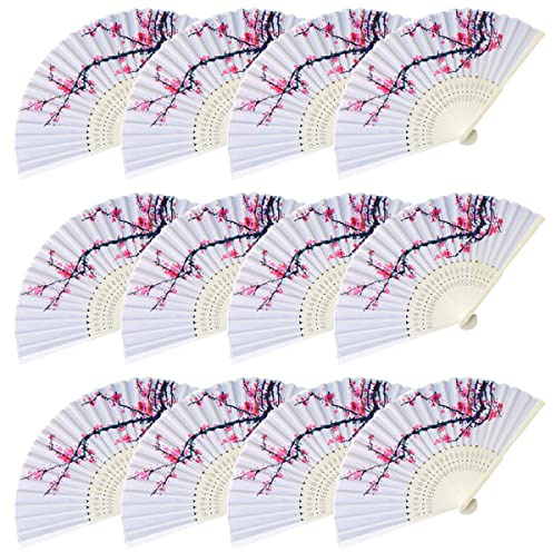 LEFTSTARER 12Pcs Delicate Cherry Blossom Folding Hand Fan Japanese Chinese Decor Fan Paper Fans Party Performance Dancing Wedding Decorations Favors Gifts (12 pcs Cherry Fans)