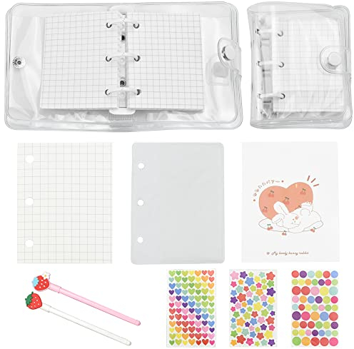 XAVSWRDE Mini Notizbuch Loseblatt 3 Löcher Binder Pockets PVC Loose Leaf Notebook Accessories Set Transparentes Notebook mit 70 Internal Grid Pages für Reisetageplaner Taschen Schulbedarf