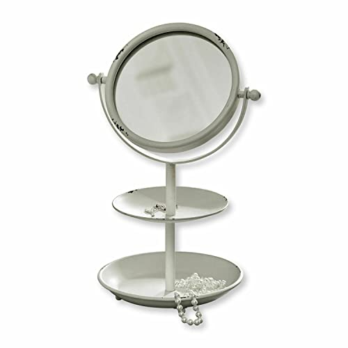 Loberon Kosmetikspiegel ELSA, Nostalgisches Design, Wendespiegel mit Vergrößerungsfunktion, Ablagen für Schmuck, Antik-Finish, Bad-Accessoires, Eisen, Spiegelglas, antikweiß