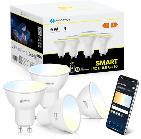 Aigostar Bombilla Inteligente LED GU10 SL2 Bombillas Alexa 6W Bombilla Wifi 2700K-6500K Regulable, Conexión rápida Compatible Con Google Home/Alexa, 4 Unidades
