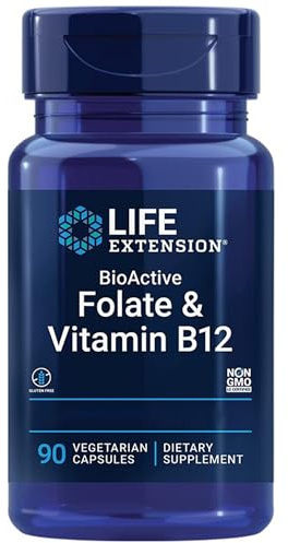 Life Extension, Bioactive Folate & Vitamine B12, Hautement Dosé, 90 Capsules végétaliennes, Végétarien, Sans Gluten, Sans Soja, Sans OGM