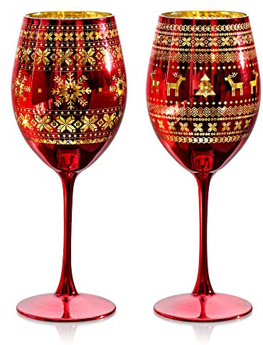 Joeyan 580ml Bicchieri da Vino di Natale - Set di 2 Bicchieri da Vino con Elemento Natalizio - Colorato Bicchiere in Vetro Soffiato a Mano - Ottimo per Natale e Regali
