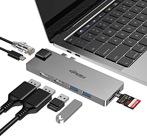 Estación de Acoplamiento USB C a DisplayPort Dual 4K@60Hz, Adaptador 8 en 1 Tipo C a Displayport Dual Monitor, Hub USBC con 2 DP, Ethernet, Tarjeta SD/TF, Puerto PD de 100 W, USB 3.0 Dual