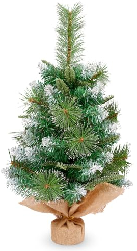 himaly 60cm 2ft Kleiner PVC Weihnachtsbaum mit 60 Blattspitzen aus Kiefernnadeln, Mini Tisch künstlicher Weihnachtsbaum in Weiß sprühen, Leinenbaumwolle und Zementbasis für Weihnachtsdekorationen