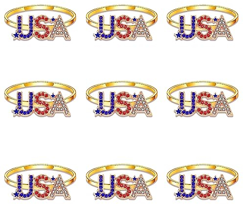 4. Juli Patriotische Serviettenringe Set mit 12 Stück, Emaille, Unabhängigkeitstag, Amerika-Flagge, Stern, Serviettenhalter, Ringe, Strass-Buchstabe, USA-Serviettenringe, patriotische