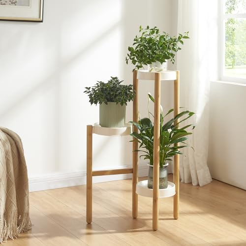 [en.casa] Étagère à Fleurs à 3 Niveaux Porte Plantes pour Intérieur Support Cache-Pots Meuble de Rangement Bambou Plastique 78 x 52 x 25 cm Naturel Blanc