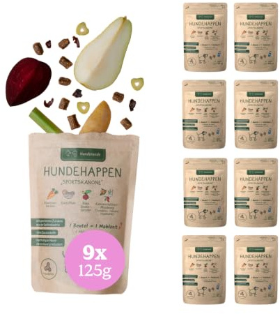 Hunderunde – Hundehappen Sportskanone 9×125g – vegane Hundeleckerli für Training & Spaziergang – fettarm & proteinarm – mit Rote Beete & Fenchel – getreidefrei – ideal bei Sensitivität – Hundesnack