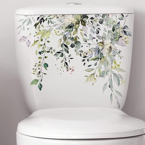 Green Plant Leaves Flowers Toilet Seat Lid Stickers Self-Adhesive Bathroom Wall Stickers Green Leaf Floral DIY Removable Waterproof Toilet Sticker for Bathroom Cistern Decor,Toilets Accessories