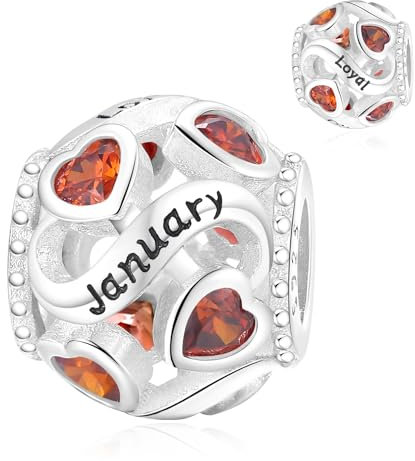 Symretie Charms Geburtsstein Januar Anhänger Charm aus 925er Sterlingsilber,Offen Gearbeiteter Herz Perlen Geburtstagsgeschenke für Frauen