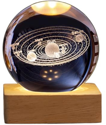 Demiawaking USB 3D Kristallkugel mit Holzsockel 3D Sonnensystem mit LED, Tischdeko Planet Lampe Nachtlicht, Geburtstag Kinder Geschenke, Party Deko (Sonnensystem mit Quadrat Holzsockel)