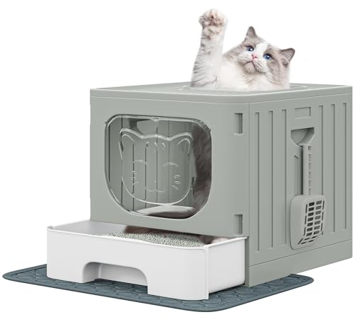 YITAHOME Caja de Arena para Gatos con Tapa, Bandeja Grande Cerrada para Gatos, con Capucha, Inodoro, antisalpicaduras, con cajón, Cuchara de Arena, Bandeja Plegable para Gatos con Capucha (Gris)