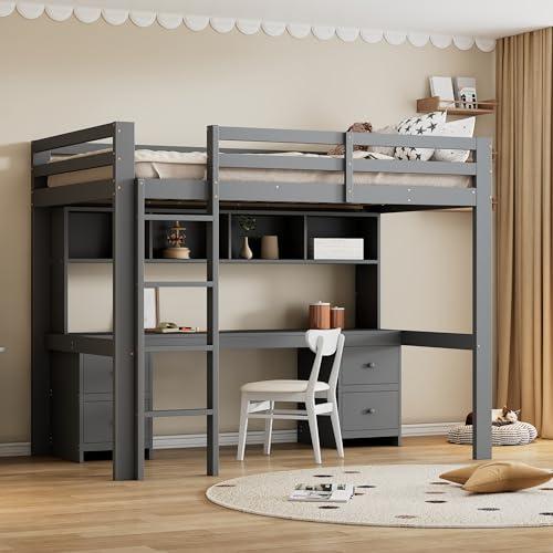 Hochbett in Grau - Stilvoll wohnen mit viel Stauraum & Arbeitsplatz für Ihr Zuhause