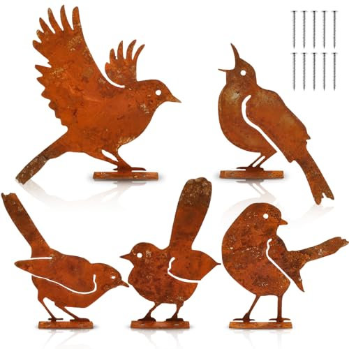 Jokapy 5Pcs Metal Bird Garden Ornaments, Rusty Birds Gardens Ornaments, Rusty Bronze Birds Vintage Garden Decorations, Bird Silhouette Simulation for Fences Branches Windowsills Outdoor