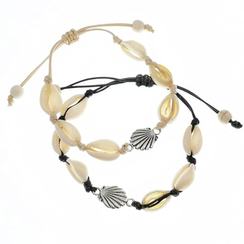 Clyhon Hawaiian Style Muschel Fußkette Damen, Beach Jewelry, Handgewebte Verstellbare Fußkette, 2 Stück silberne Muscheln