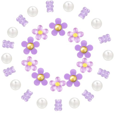 VANHVIS 30Pcs Flower Shoe Charms for Clogs, Cute Bear Charms Pearl Shoes Decorations for Teens Girls (Purple)