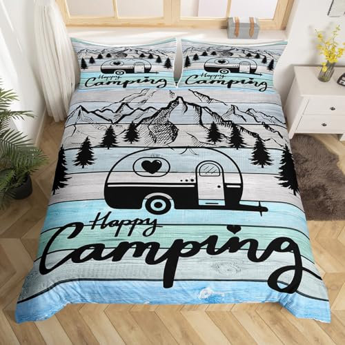 Loussiesd Camper Bettwäsche Set Happy Camping Bettwäsche 155x220cm Wohnmobil Auto RV Camping Bettbezug Holz Korn Blau Dekor Bettwäsche für Mädchen Jungen Kinder Rustikaler Bauernhaus-Stil Bettbezug