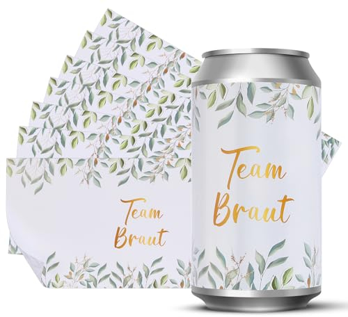 MONCAP 16 STK JGA Aufkleber für Prosecco Dosen Hochzeit Team Braut Aufkleber Eukalyptus Hochzeit Getränke Aufkleber Team Bride Flaschen Aufkleber Banderole Sticker Selbstklebend für JGA Hochzeit Deko