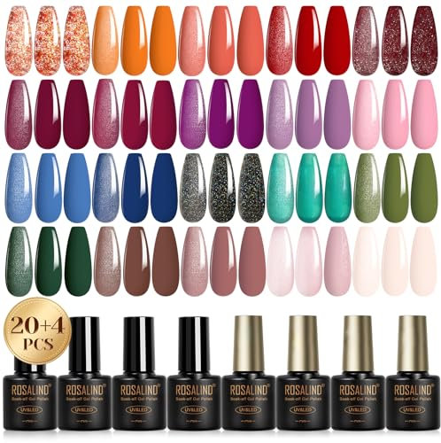 ROSALIND UV Gel Nagellack Set, 24 Stück Gel Nagellack Lila Rosa Grün Braun Blau Mini Farbgel Gelnägel Soak-Off Shellac Orange Rot Gel Nagellack für Nagel Design Gel Nail Polish Geschenk