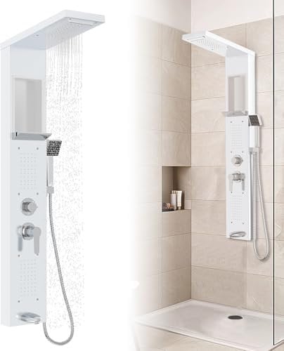 Froadp Panneau de douche à effet pluie, système de douche en acier inoxydable, 5 fonctions, montage mural, avec douchette à main, douche à effet pluie, douche de massage, douche cascade, kit complet