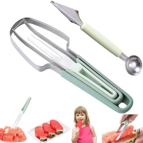 Coupe Pastèque 3 en 1 en Acier Inoxydable,Coupe-Pastèque avec Cuillère à Melon,Trancheuse à Pastèque,Outil Couteau Fruits,Coupeur de Fruits pour Pastèque Melon Papaye Fruit du Dragon (Vert)