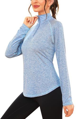 iClosam Womens Long Sleeve Tops 1/4 Zip Polo Shirts UPF 50+ Running T-Shirt Quick Dry Gym Sports Workout Cycling Golf Tops Sky Blue