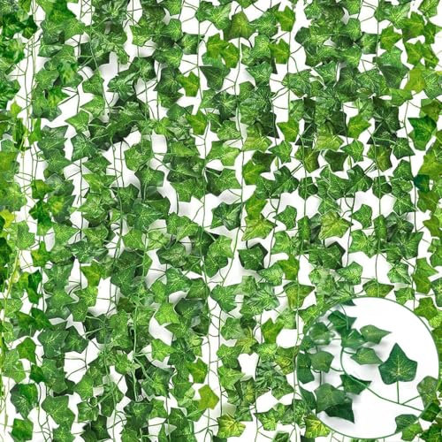 Artificial Ivy Garland, 12 Pack 220cm Length, Fake Ivy Hanging Vines, Green Leaves Fake Plants for Wedding, Party, Garden, Office, Bedroom, Wall Decoration, Indoor & Outdoor, Plastic Hanging Plants
