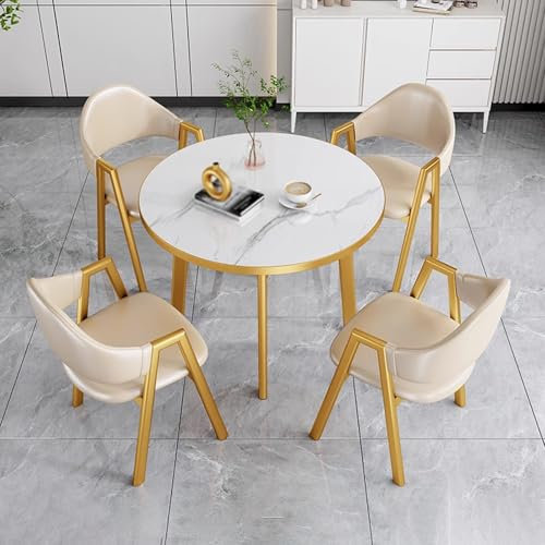Kleiner Runder Tisch mit 4 Stühlen, Esstisch mit 4 Hockern mit Weiches Kissen Platzsparendes für Esszimmer und Küche, Leisure-Couchtisch for das Wohnzimmer(Beige)