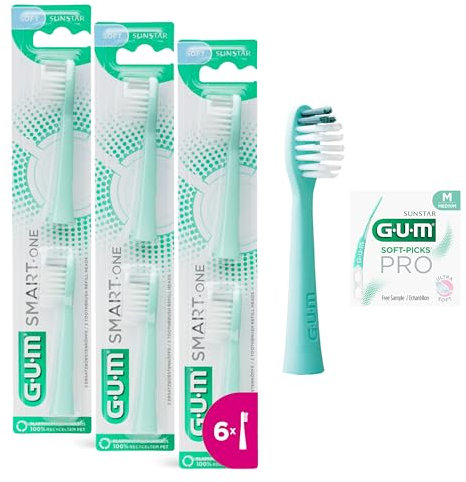 GUM SMART ONE Bürstenköpfe | Kompatibel mit der GUM SMART ONE elektrischen Zahnbürste | Indikatorborsten | 6x Bürstenköpfe | 1x SOFT-PICKS PRO Probe M | Mint