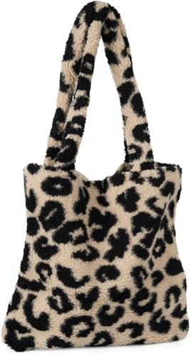 styleBREAKER Damen Beuteltasche in Teddyfell Optik mit Leo Muster - Stylische Schultertasche mit breiten Henkeln, Animal Print 02012410, Farbe:Beige-Schwarz
